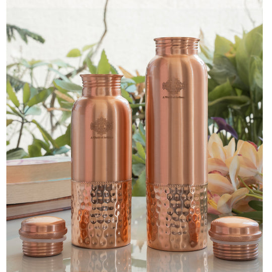 Pure Copper Water Bottle with Half Hammered Design