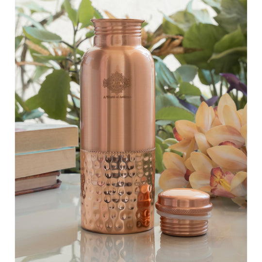 Pure Copper Water Bottle with Half Hammered Design