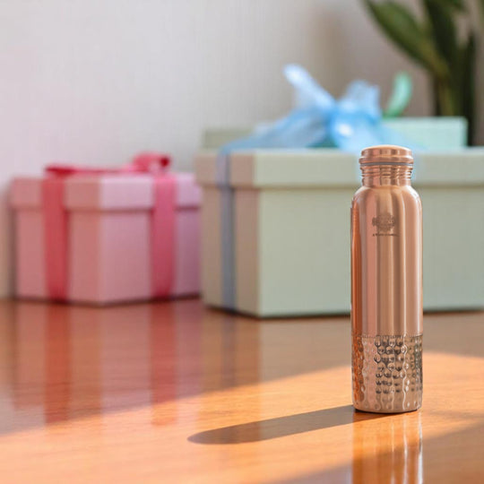 Pure Copper Water Bottle with Half Hammered Design