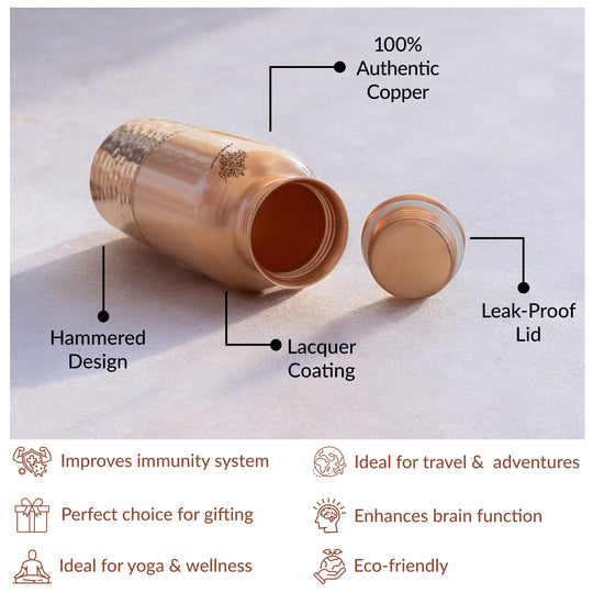 Pure Copper Water Bottle with Half Hammered Design