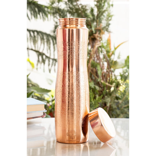 Copper Bottle with Curved Shape & Lacquer Embossed Design – 900ml