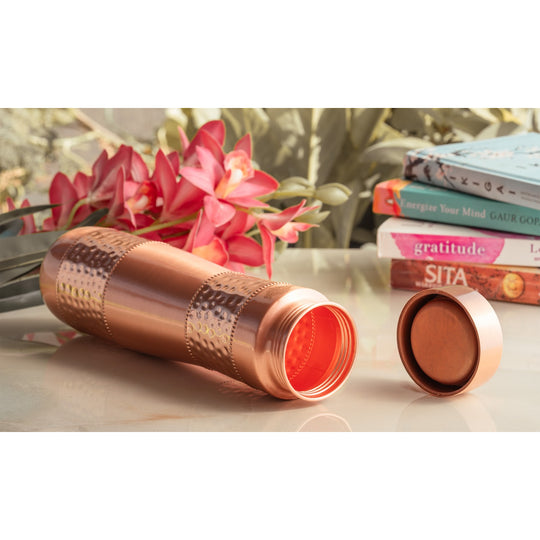 Copper Water Bottle with Half Hammered And Full Lacquer Coating