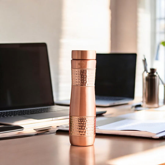Copper Water Bottle with Half Hammered And Full Lacquer Coating