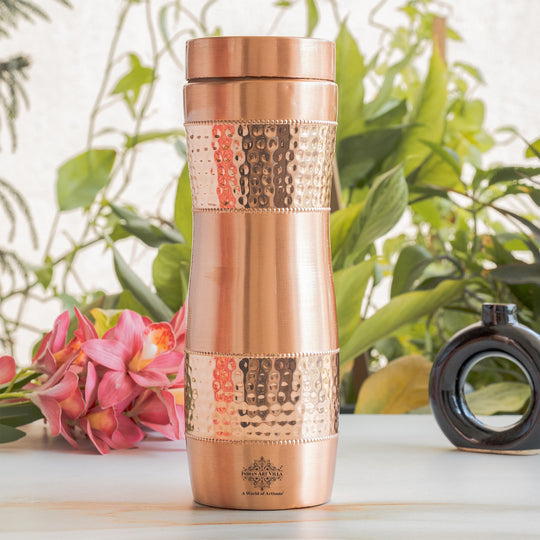 Copper Water Bottle with Half Hammered And Full Lacquer Coating