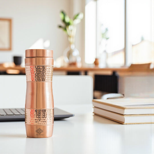 Copper Water Bottle with Half Hammered And Full Lacquer Coating