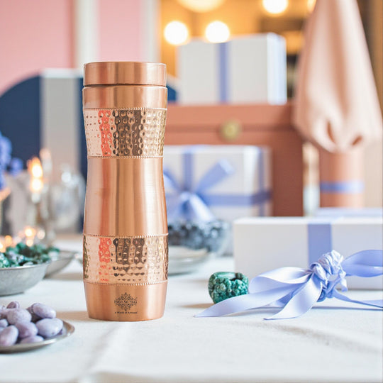 Copper Water Bottle with Half Hammered And Full Lacquer Coating
