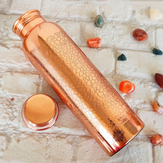 Pure Copper Water Bottle with Embossed Design