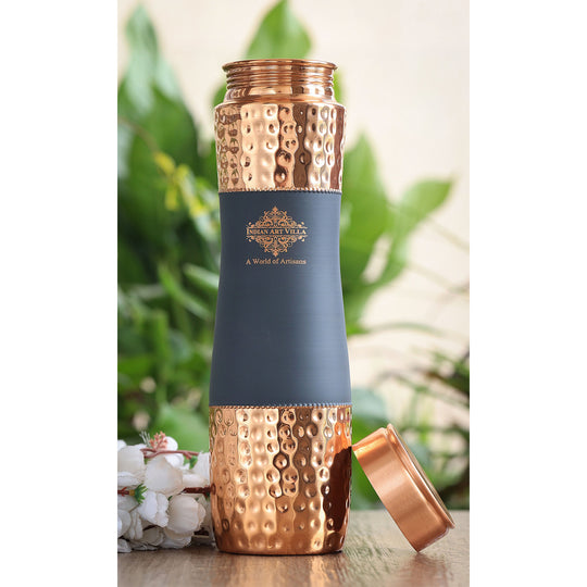 Indian Art Villa copper 1000ml water bottle combining hammered texture with matte black silk surface engineered for pure hydration