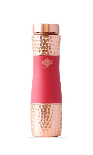 IndianArtVilla Copper Half Hammered Half Red Coloured Champion Design Bottle in silk finish, Volume- 1000 ML