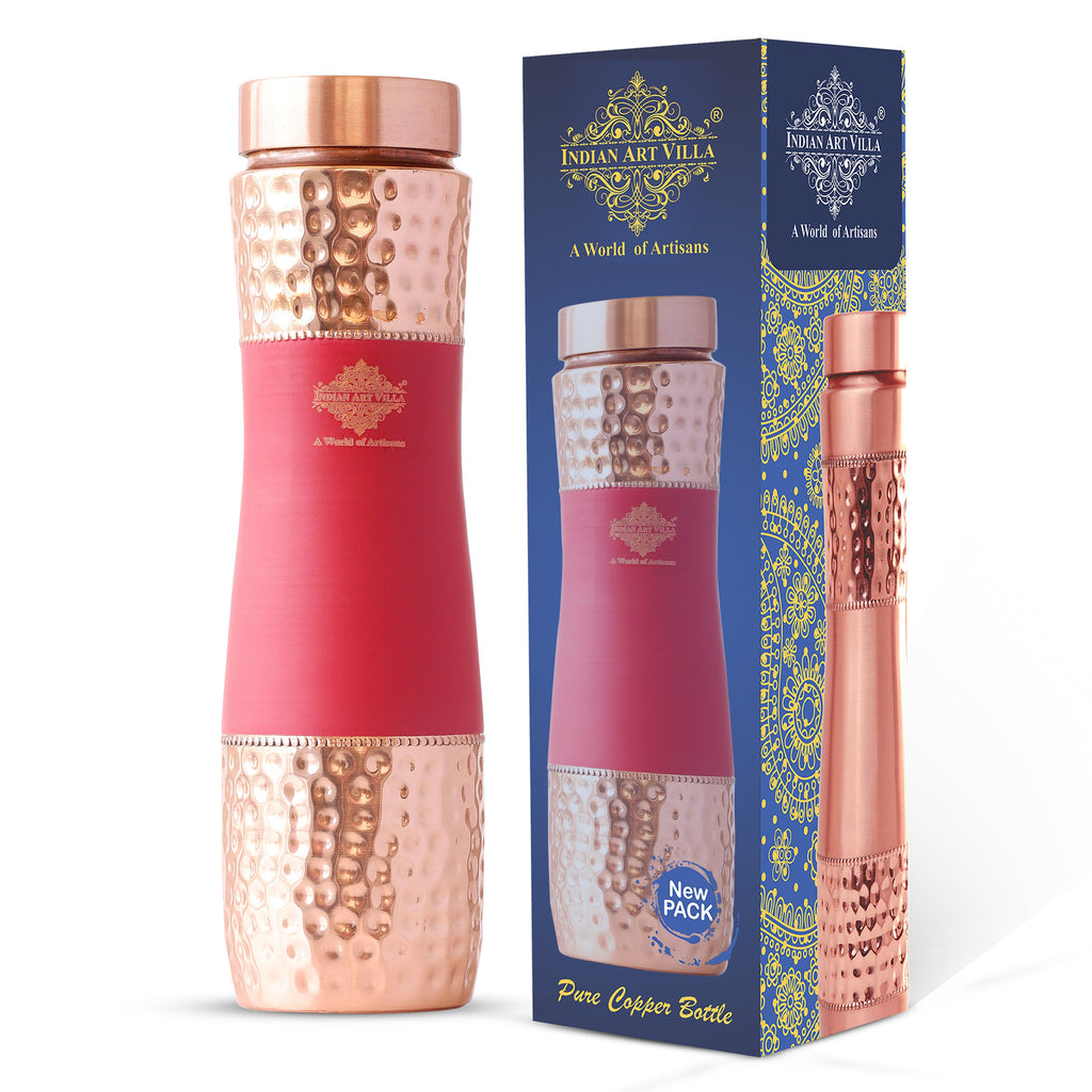 IndianArtVilla Copper Half Hammered Half Red Coloured Champion Design Bottle in silk finish, Volume- 1000 ML