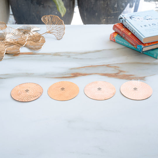 Pure hammered design copper coaster for copper mugs 8.89 cm front view — Indian Art Villa