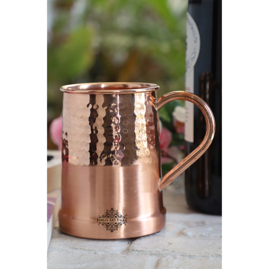 Copper Moscow Mule mug with hammered top and handle by Indian Art Villa, perfect for cocktails, mocktails, and luxury drinkware.