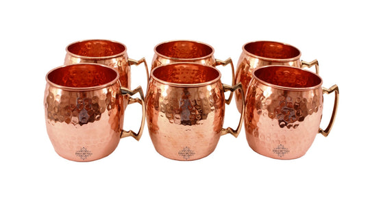 Copper round hammered Moscow Mule mug set of 6 with brass handle, 530 ML — Indian Art Villa