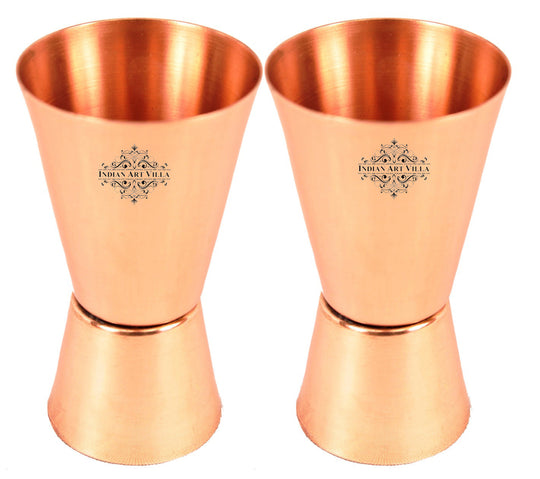Indian Art Villa copper jigger shot glass set of 2, dual measure cocktail bar tools for mixology, gifting, and premium bar setups.