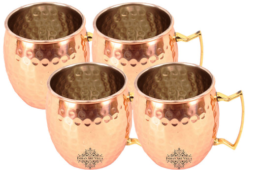 Indian Art Villa set of 4 hammered copper nickel Moscow Mule mugs with brass handles, ideal for cocktails, barware, and gifting.
