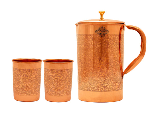 Pure Copper Embossed Jug with Embossed Glass