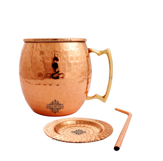 Hammered Copper Mug Set with Straw & Coaster