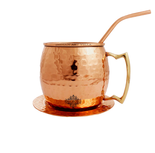 Indian Art Villa Hammered Copper Mug Set – Includes Brass Handle Mug, Copper Straw & Coaster, Ideal for Moscow Mule