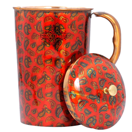 Pure Copper Jug with Glass – Printed Red Design
