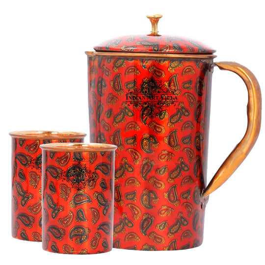 Pure Copper Jug with Glass – Printed Red Design