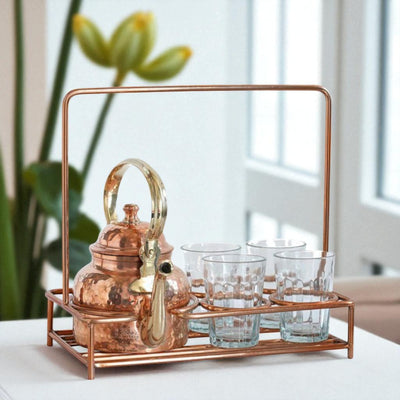 Copper Hammered Tea Pot with Brass Handle with 4 or 6 Glass Tea Cup