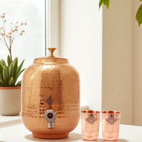 5 litre round copper matka with tap and stand – spherical tamba matka on iron stand with brass tap – 5 liter copper water pot with stand