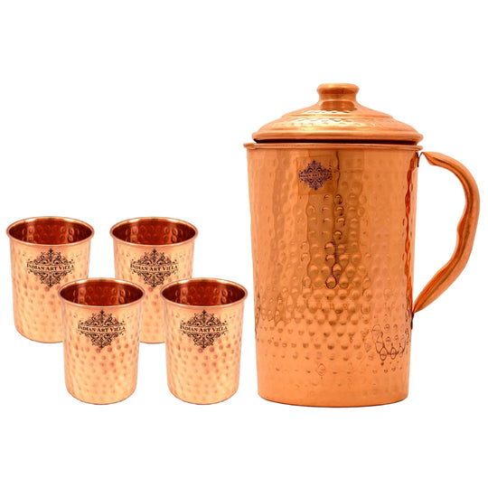 Pure Copper Hammered Jug with Glass Set