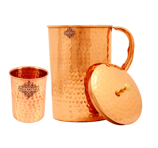 Copper Hammered Set of 1 Jug Pitcher 2100 ML with 1 Glass 250 ML