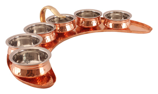 Pure Copper Maharaja Style Full Moon Tray Plate with Serving Sauce Pots