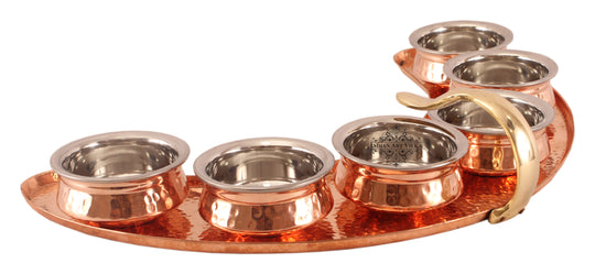 Pure Copper Maharaja Style Full Moon Tray Plate with Serving Sauce Pots
