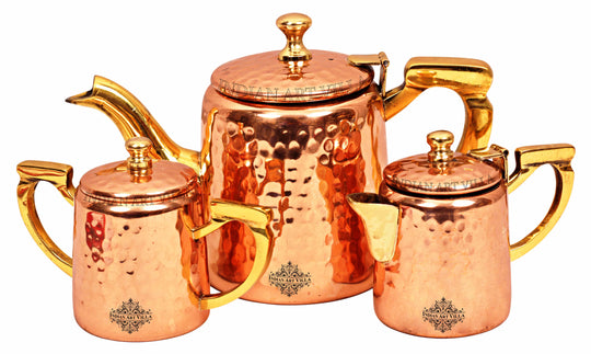 Steel Copper Hammered Milk, Tea & Sugar Pot Set