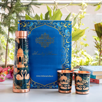 Pure Copper Bottle & Glass Gift Set With Kalakriti Print Design
