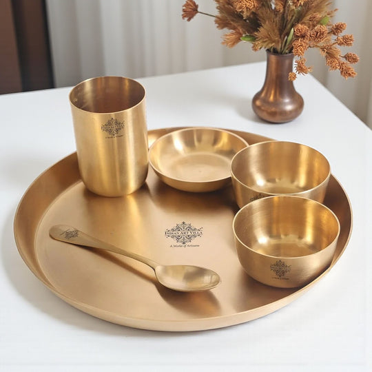 Pure brass matt finish 7 pieces dinner set thali set front view — Indian Art Villa
