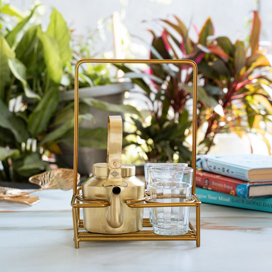 Pure Brass Tea Kettle Set with 2 Cups