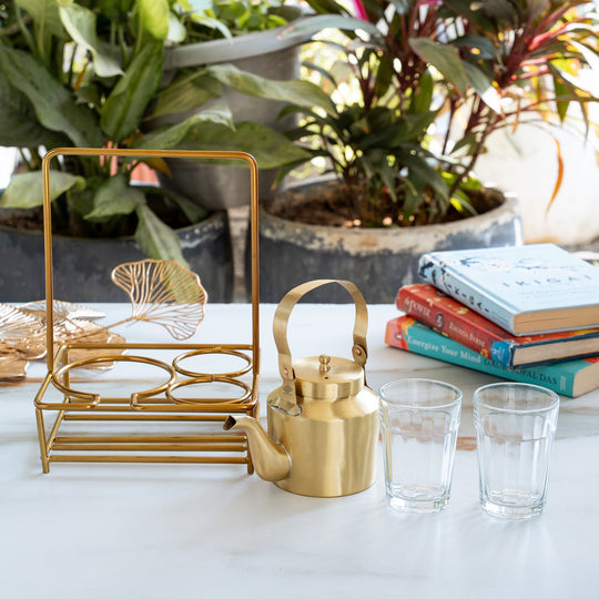 Pure Brass Tea Kettle Set with 2 Cups