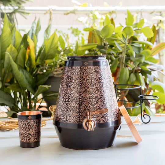 Pure copper water dispenser exquisite design 5000 ML angle view — Indian Art Villa