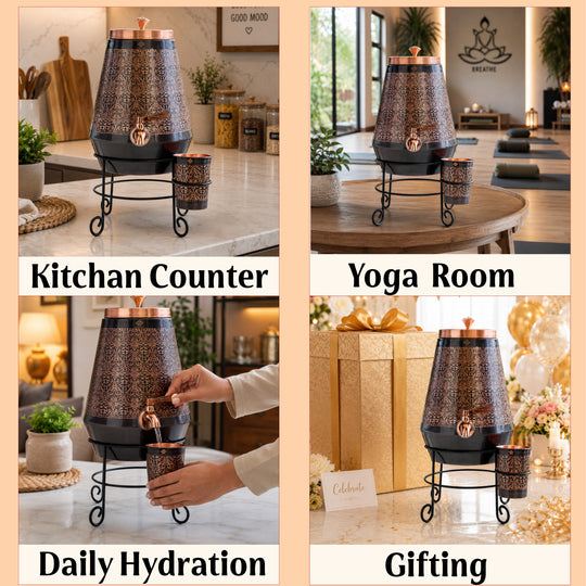 Pure copper water dispenser with exquisite design 5000 ML full view — Indian Art Villa