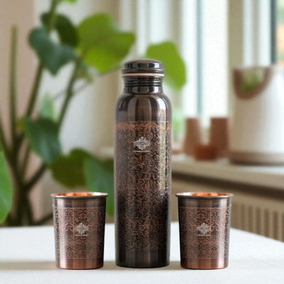 Pure Copper Drinkware Gift Set - Antique Dark Finish, Embossed Design, Water Bottle