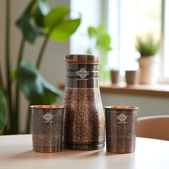 Indian Art Villa antique dark finish copper water bottle for bedroom, pure tambe ki bottle for healthy hydration