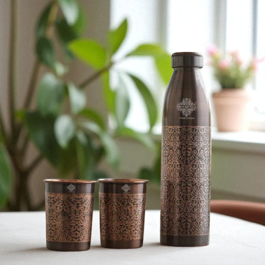Pure Copper Antique Finished Embossed Design Bottle With Glass Set