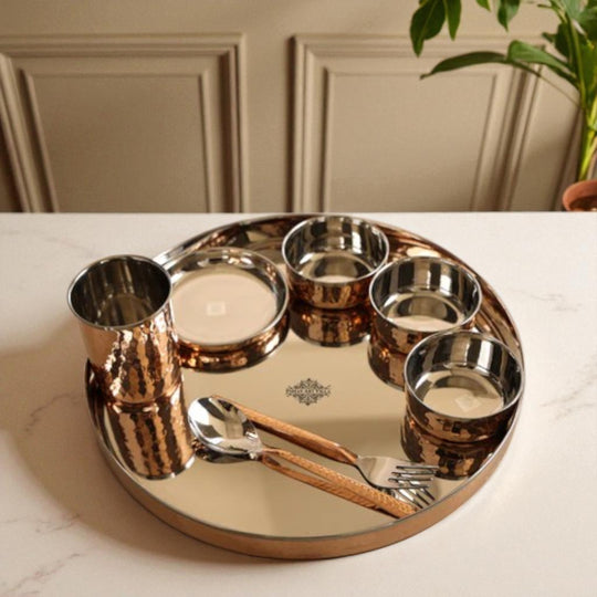 Handcrafted steel copper 8 pieces dinner set hammered design front view — Indian Art Villa