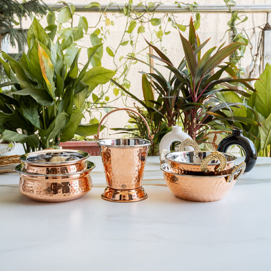 Handmade Pure Steel Copper 2 Kadhai 2 Handi 1 Bucket Serving Set