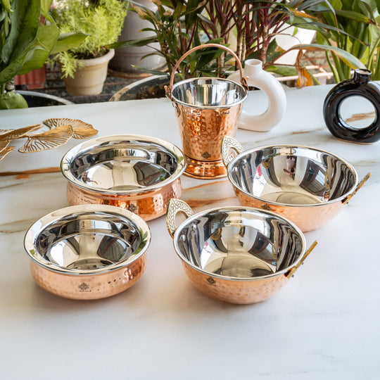 Handmade Pure Steel Copper 2 Kadhai 2 Handi 1 Bucket Serving Set