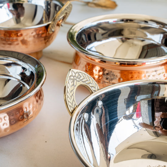 Handmade Pure Steel Copper 2 Kadhai 2 Handi 1 Bucket Serving Set