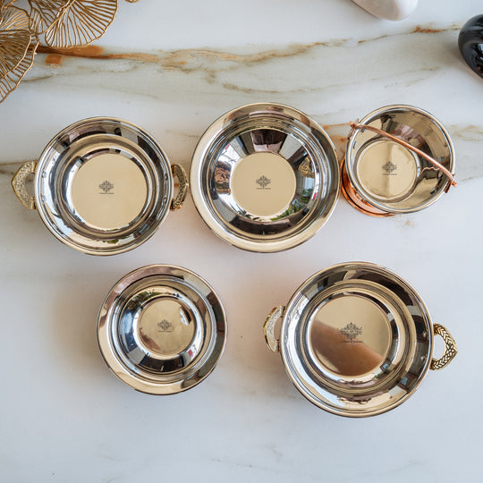 Handmade Pure Steel Copper 2 Kadhai 2 Handi 1 Bucket Serving Set