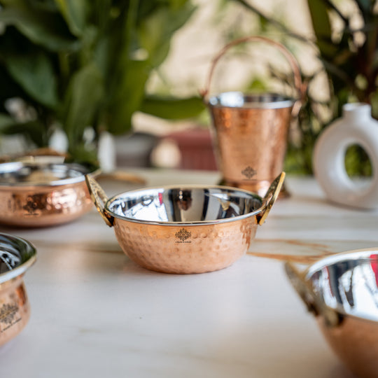 Handmade Pure Steel Copper 2 Kadhai 2 Handi 1 Bucket Serving Set