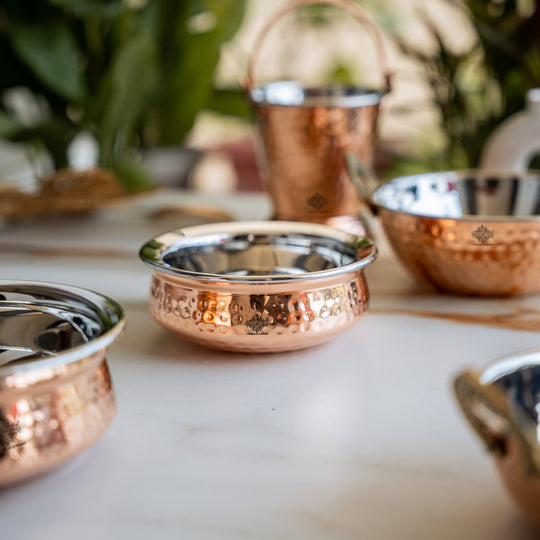 Handmade Pure Steel Copper 2 Kadhai 2 Handi 1 Bucket Serving Set