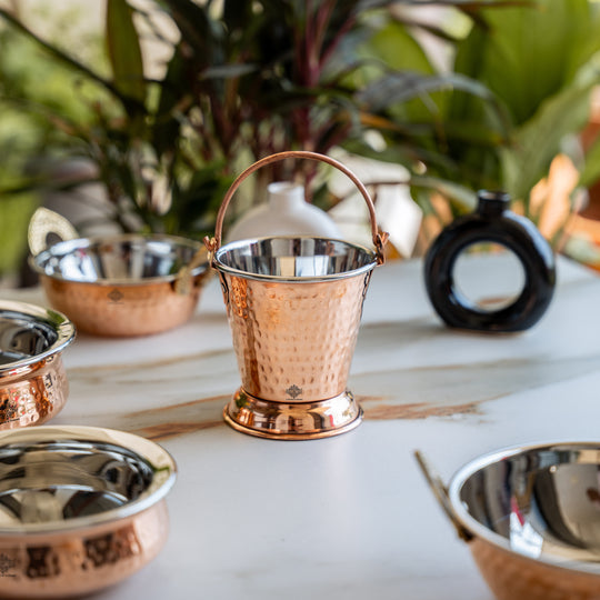 Handmade Pure Steel Copper 2 Kadhai 2 Handi 1 Bucket Serving Set