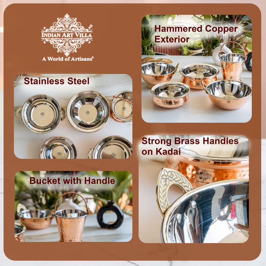 Handmade Pure Steel Copper 2 Kadhai 2 Handi 1 Bucket Serving Set