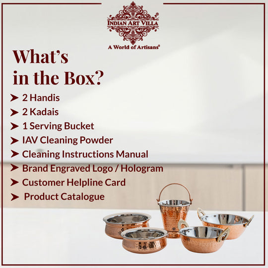 Handmade Pure Steel Copper 2 Kadhai 2 Handi 1 Bucket Serving Set